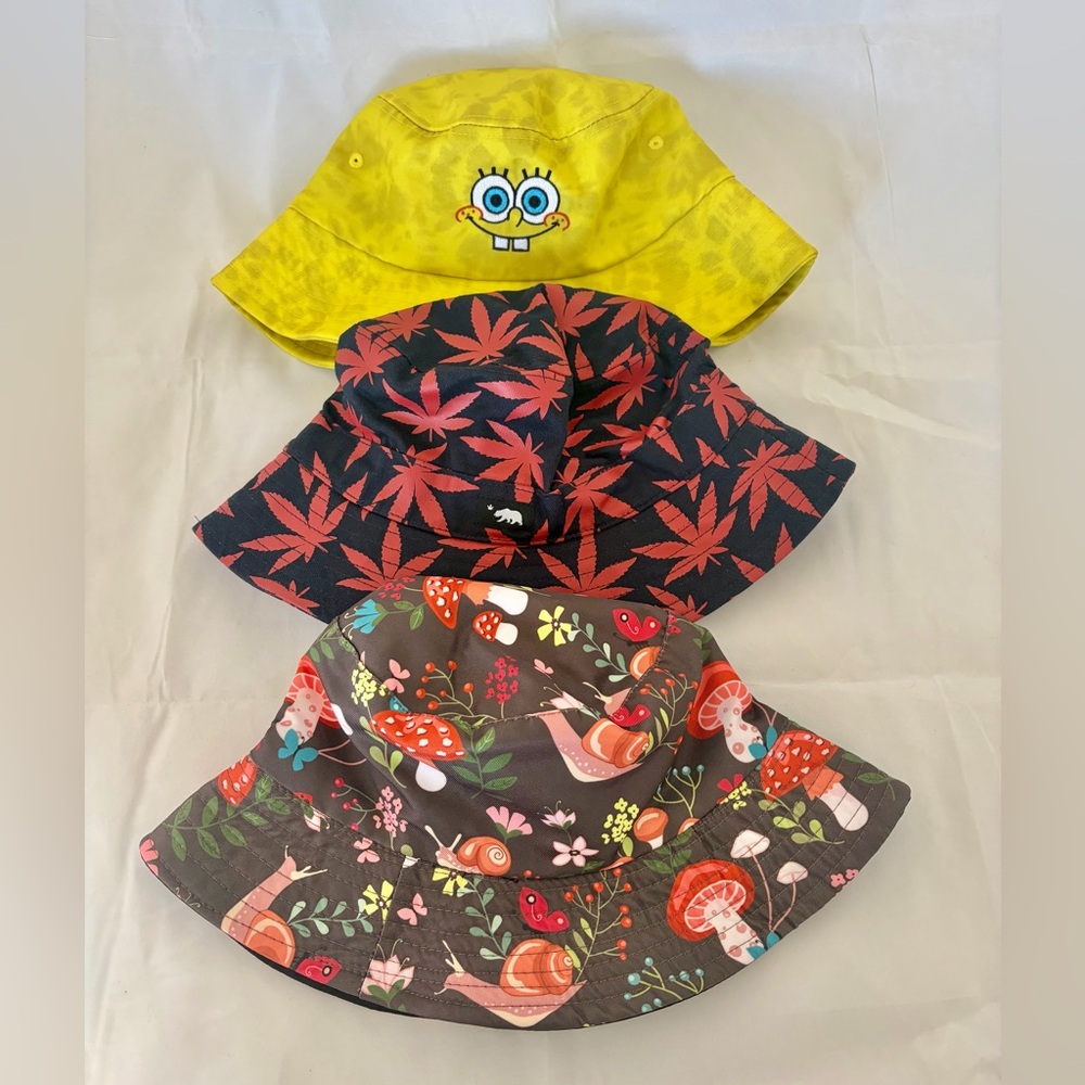 Lot 3 Assorted Adult Unisex Bucket Hats, Sponge Bob, Mushrooms & Snails and MJ